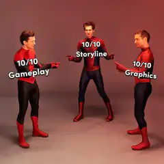 Three Spidermen pointing at each other