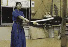 Woman in blue gi practicing sword cuts
