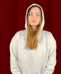 Girl in hoodie looks up, sighs, and walks away
