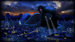 Giant monster and UFOs over city and planet