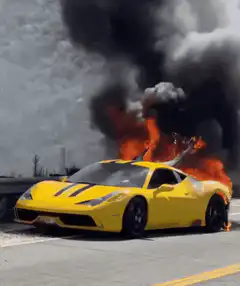 Yellow Ferrari on fire