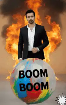 Man pops boom ball in front of fire