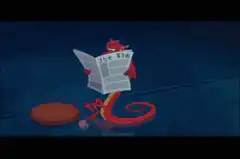 Mushu reads a newspaper
