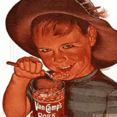 Creepy boy eating beans with beans in eyes