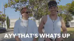 Two guys fist bumping with text