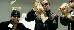 Three men throwing money in the air