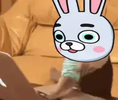 rabbit face filter typing on laptop