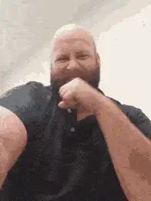 Bearded man dancing and waving