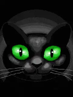 Black cat with glowing green eyes