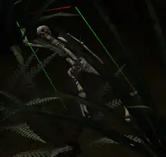 Skeleton in jungle with laser beams