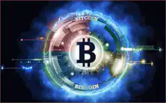 Bitcoin hologram with blue energy