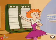 Jessie pointing at a scoreboard
