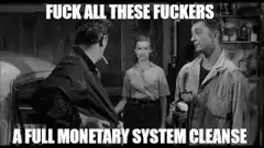 Three men talking with monetary system cleanse text