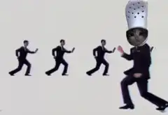 Cat in colander dancing with men in suits