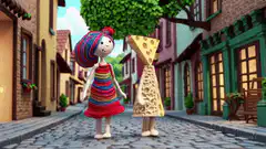 knitted girl and cheese wedge walking