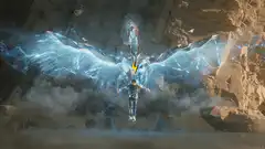 Iron Man flying with blue energy wings