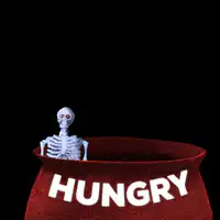 Green hand eats skeleton from hungry pot