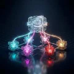 glowing neon cubes connected by light beams