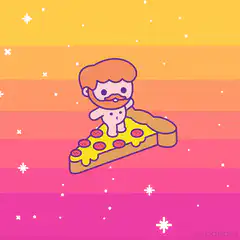 cute bearded character riding pizza slice