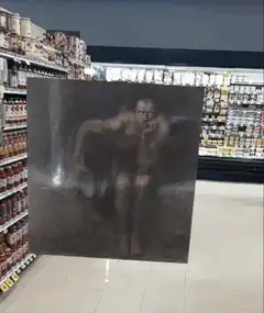 Painting zooms into glowing eyes in grocery store