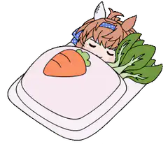 Horse girl sleeping on a tray of vegetables