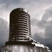 Cylindrical building under stormy sky