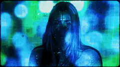glitchy woman with cross on forehead