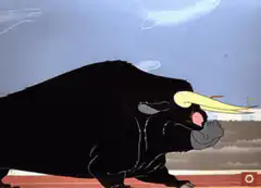 Black bull running in a cartoon