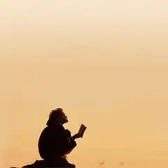 Man reading book at sunset