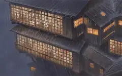 Rainy night with lit windows