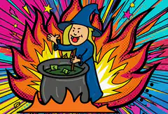 cartoon witch stirring cauldron