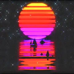retro synthwave sunset with sailboats