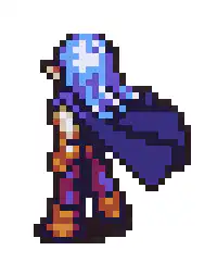 pixel art character with blue hair