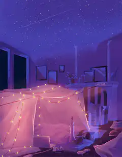 Girl in blanket fort under starry ceiling