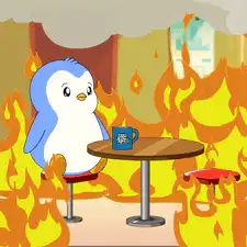 Penguin sitting calmly in a burning room