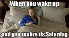 Woman waking up happy on Saturday