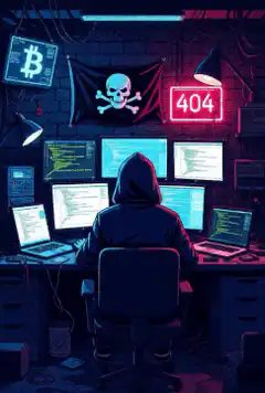 Hacker in front of monitors with 404 sign