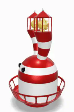 Red and white striped bunny with caged chicks