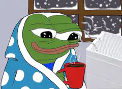 Pepe the Frog in blanket with hot cocoa