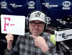 Ben Maller holds up F- grade sign
