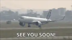 Airplane taking off with text See You Soon