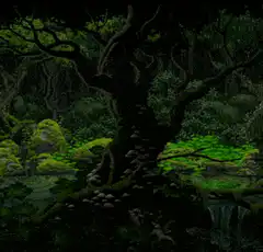 Rainy forest with waterfall and mossy tree
