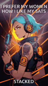 Woman with Bitcoin headphones laser eyes