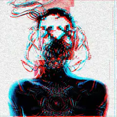 Glitchy cyberpunk portrait with skull mask