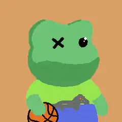 Green frog with one X eye holding basketball and gun