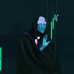 Blue hooded figure watching stock chart