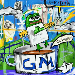 Pepe in a coffee cup with GM text