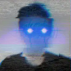 glitchy blue face with glowing eyes