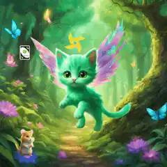 Green fairy cat with butterfly wings