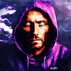 Glowing eyes hooded man